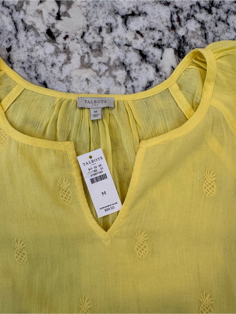 NWT Talbots Yellow Pineapple Embroidered Cotton Blouse Medium 3/4 Sleeve - Picture 8 of 9